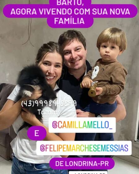 Casal com filho pequeno recebendo o Filhote Spitz Alemão Preto Bartô em Londrina-PR, novo membro da família.