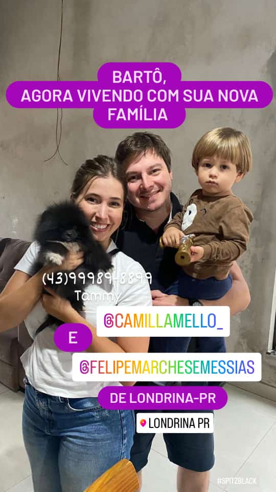 Casal com filho pequeno recebendo o Filhote Spitz Alemão Preto Bartô em Londrina-PR, novo membro da família.